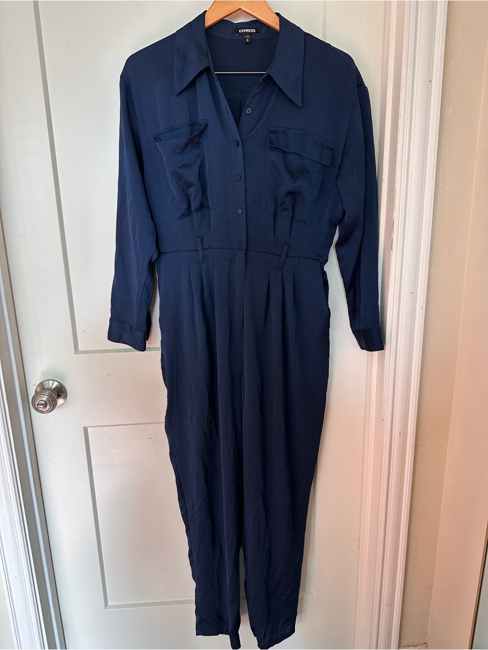 Express Navy Blue Long-Sleeve Utility Jumpsuit